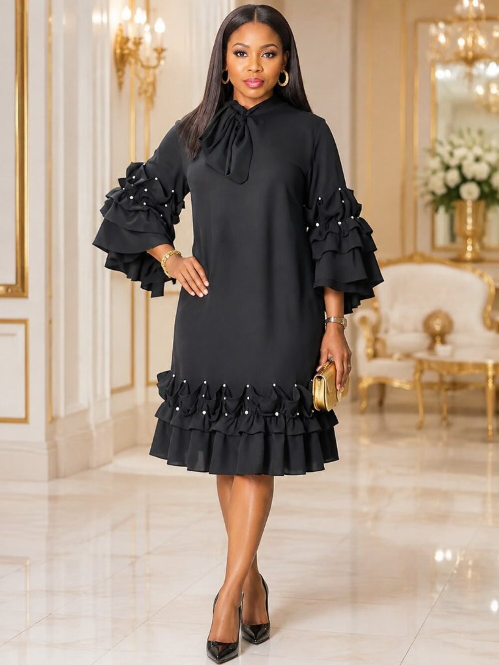 Black Ruffle Pearl Accent Trumpet Sleeve Shift Dress